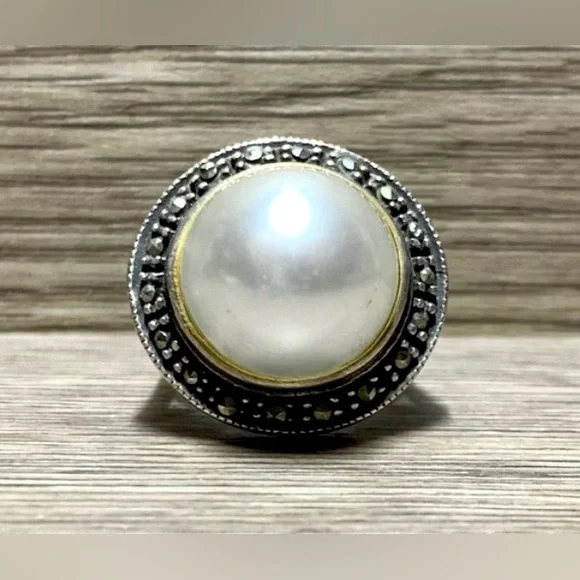 Vintage Handmade Sterling Silver Marcasite & Pearl Cocktail Ring, Size 6.5
